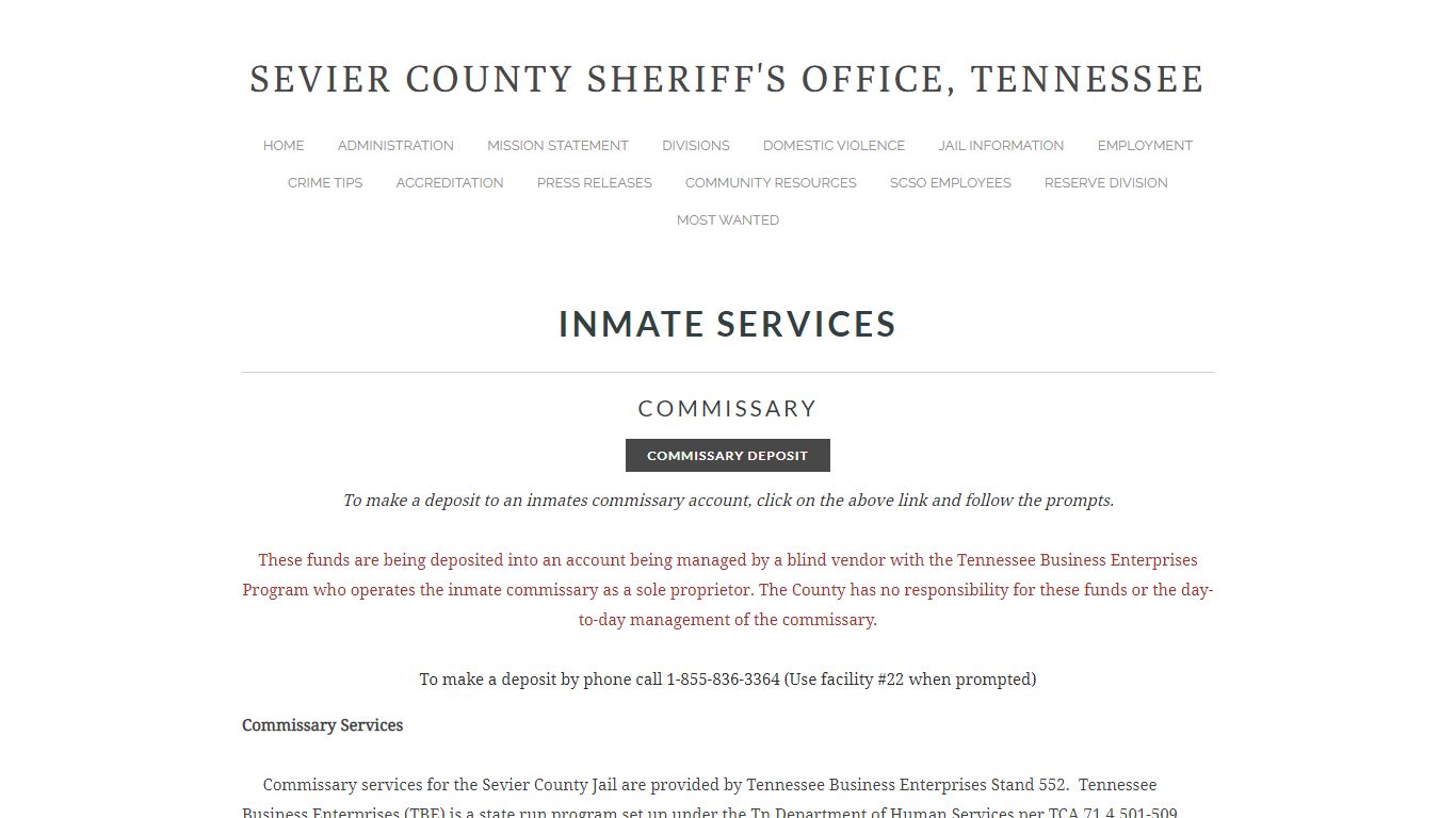 Inmate Services - Sevier County Sheriff's Office, Tennessee